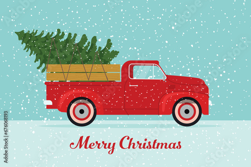 Retro pickup truck with a Christmas tree. Vector illustration in vintage style