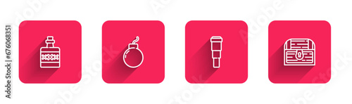Set line Alcohol drink Rum, Bomb ready to explode, Spyglass telescope lens and Antique treasure chest with long shadow. Red square button. Vector