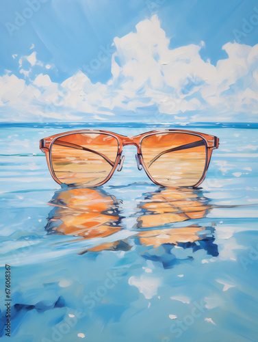 Beautiful seascape with sunglasses. Impressionism style oil painting.