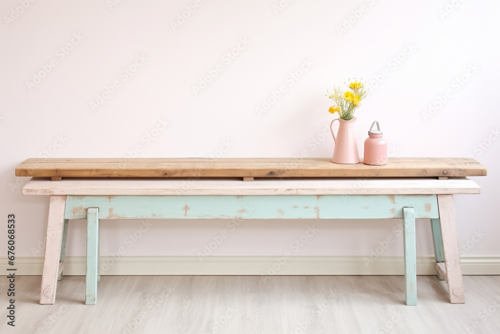 Reclaimed wood bench adds warmth to a shabby chic kitchen in pastel colors Reclaimed wood bench adds warmth to a shabby chic kitchen in pastel colors