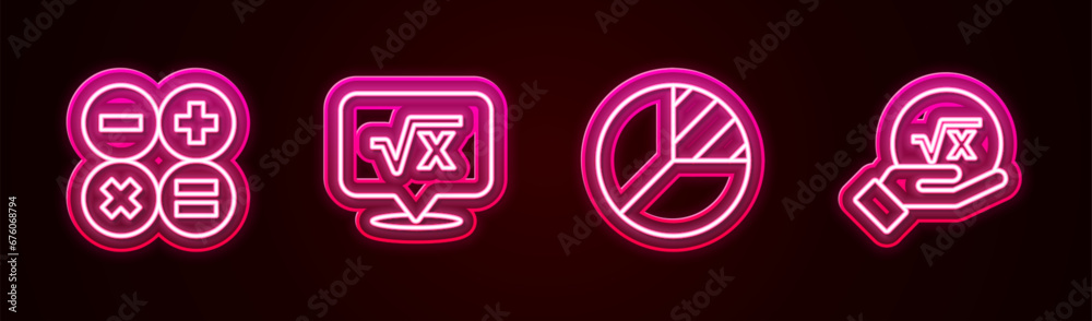 Set line Calculator, Square root of x glyph, Pie chart infographic and . Glowing neon icon. Vector Set line Calculator, Square root of x glyph, Pie chart infographic and . Glowing neon icon. Vector