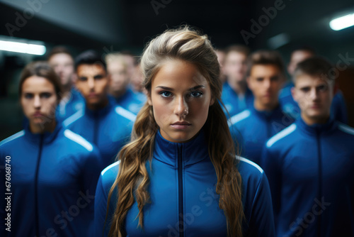Teenage athletes with blue uniform.