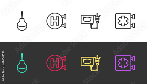 Set line Enema, Hospital signboard, Ultrasound and Medical symbol of the Emergency on black and white. Vector