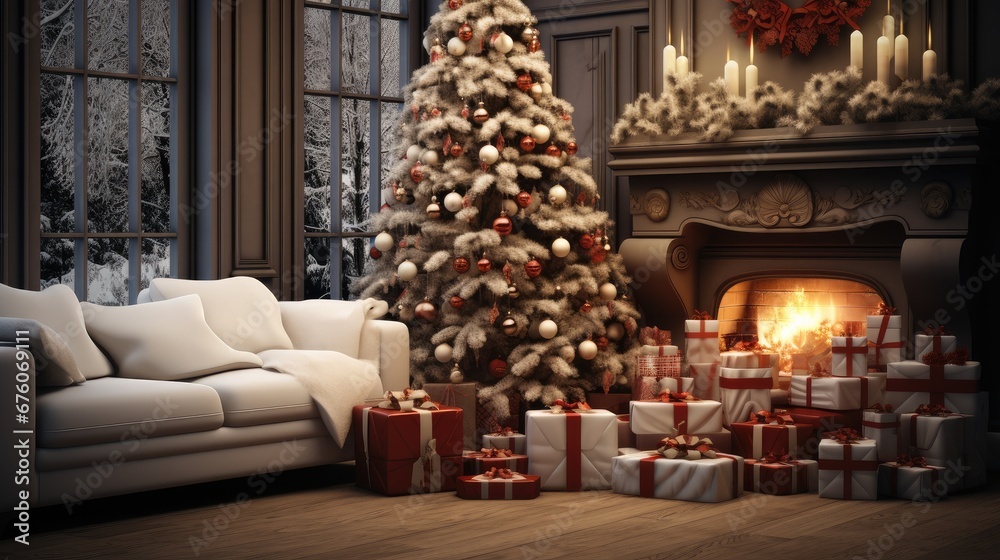 An inviting family room with a beautifully decorated Christmas tree as the centerpiece.
