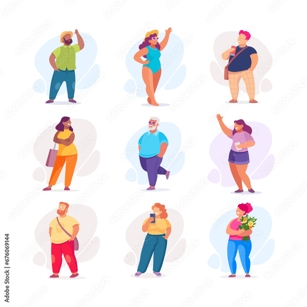 Body Positive Happy Man and Woman Character with Cheerful Smile Vector Illustration Set