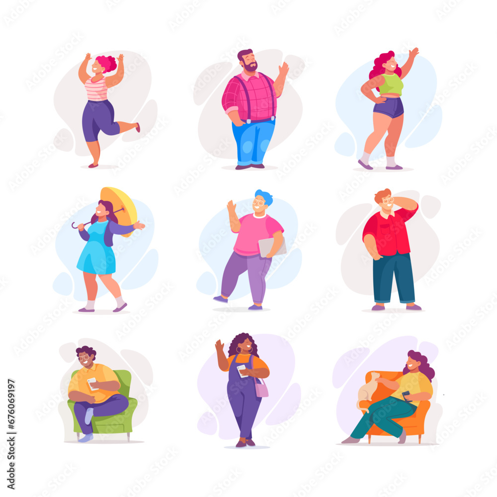 Body Positive Happy Man and Woman Character with Cheerful Smile Vector Illustration Set Body Positive Happy Man and Woman Character with Cheerful Smile Vector Illustration Set
