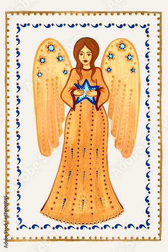 Christmas angel hand drawn, gold effect.
