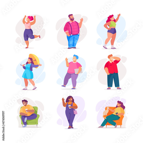 Body Positive Happy Man and Woman Character with Cheerful Smile Vector Illustration Set