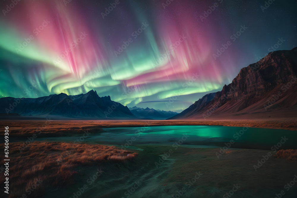  Color image of auroras and stars in the desert night, generated AI