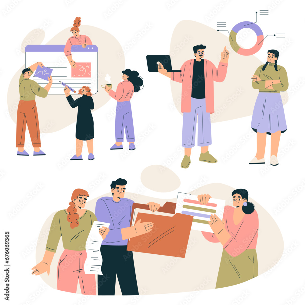 Business Concept with Man and Woman Character Engaged in Workflow Deal with Project Vector Set