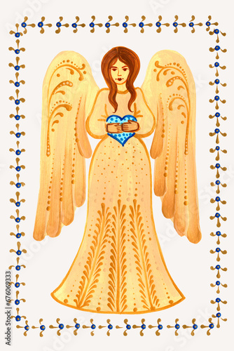 Christmas angel hand drawn, gold effect.