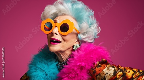 Funny pictures of grandmothers. An elegantly dressed elderly woman for a big occasion. elderly fashion model against vibrant backdrops