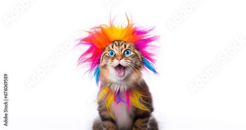 Funny smiling excited cat wearing clown hat costume, festival clothes, birthday kitty on white background