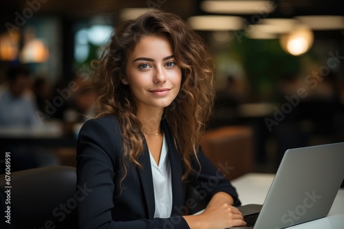 Smiling business woman in suit is working with laptop in cafe.