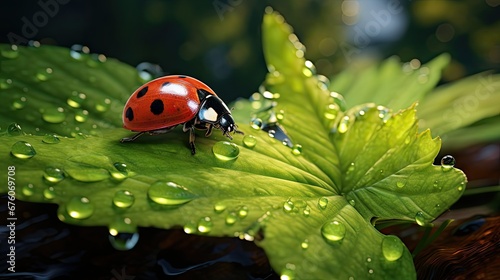  a ladybug sitting on top of a green leaf with water droplets on it's leaves and water droplets on the leaves. generative ai