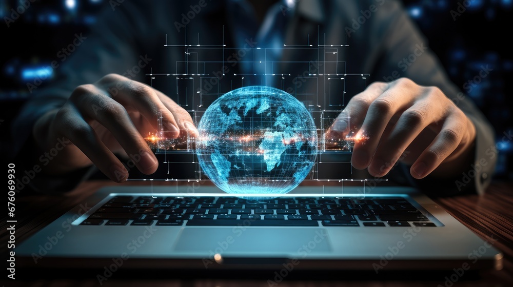 Hand show virtual laptop computer with cyber security, Business technology, Cyber Security Firewall and Antivirus, Alert Protection Security with Cybersecurity.