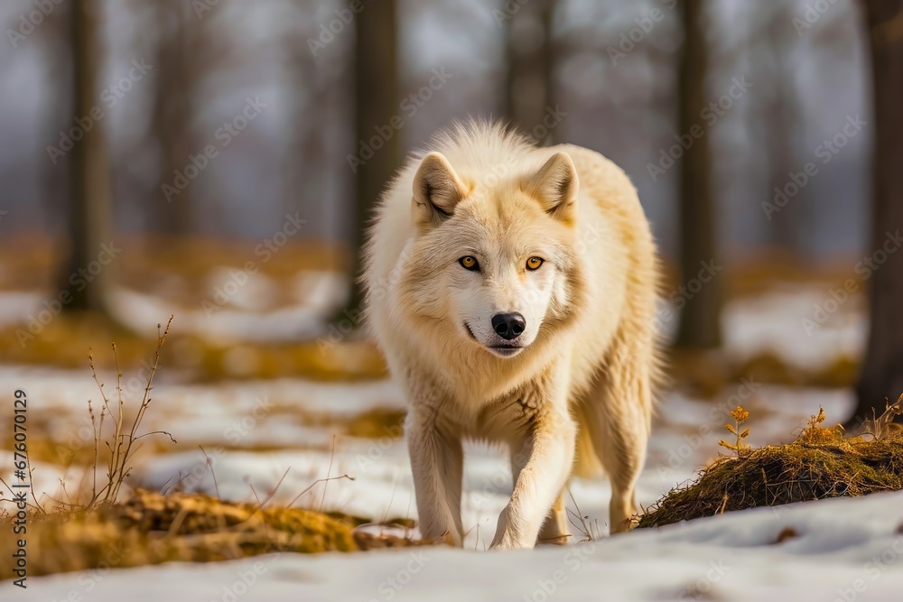 Portrait of the Arctic Wolf. White Wolf in the Wilderness. Canis lupus. Lone Wolf in Deep Forest. White Wolf. Portrait of the Arctic Wolf. White Wolf in the Wilderness. Canis lupus. Lone Wolf in Deep Forest. White Wolf.