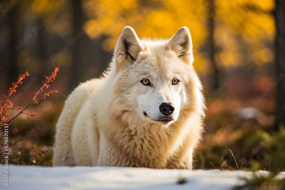 Portrait of the Arctic Wolf. White Wolf in the Wilderness. Canis lupus. Lone Wolf in Deep Forest. White Wolf.