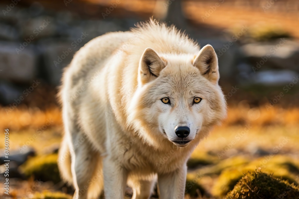 Fototapeta premium Portrait of the Arctic Wolf. White Wolf in the Wilderness. Canis lupus. Lone Wolf in Deep Forest. White Wolf.