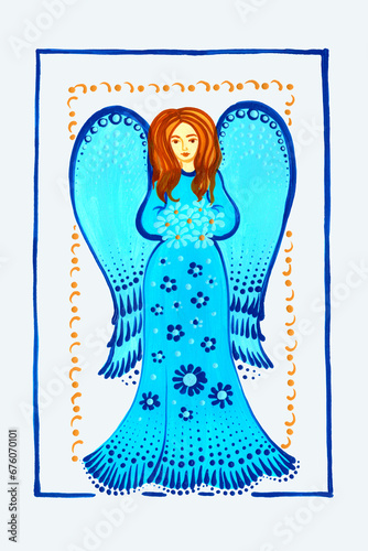 Christmas angel in blue color, hand drawn.