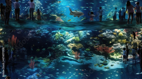  a group of people standing in front of a large aquarium filled with lots of different types of fish and corals.  generative ai