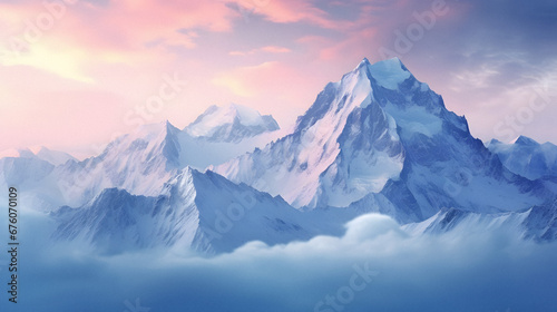 Majestic Mountain Range Bathed in the Glowing Morning Light  Highlighting the Snow-Capped Peaks  Enhanced with Cool Tones to Portray a Crisp and Fresh Aura