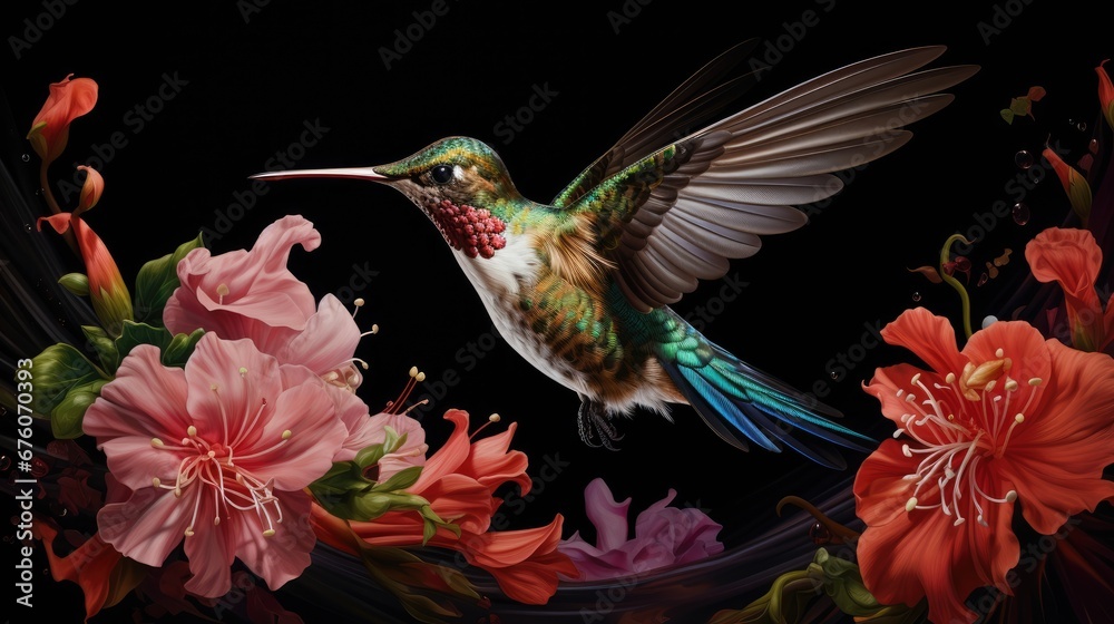 a painting of a hummingbird in flight with flowers in the foreground and a third hummingbird in the background. generative ai a painting of a hummingbird in flight with flowers in the foreground and a third hummingbird in the background. generative ai