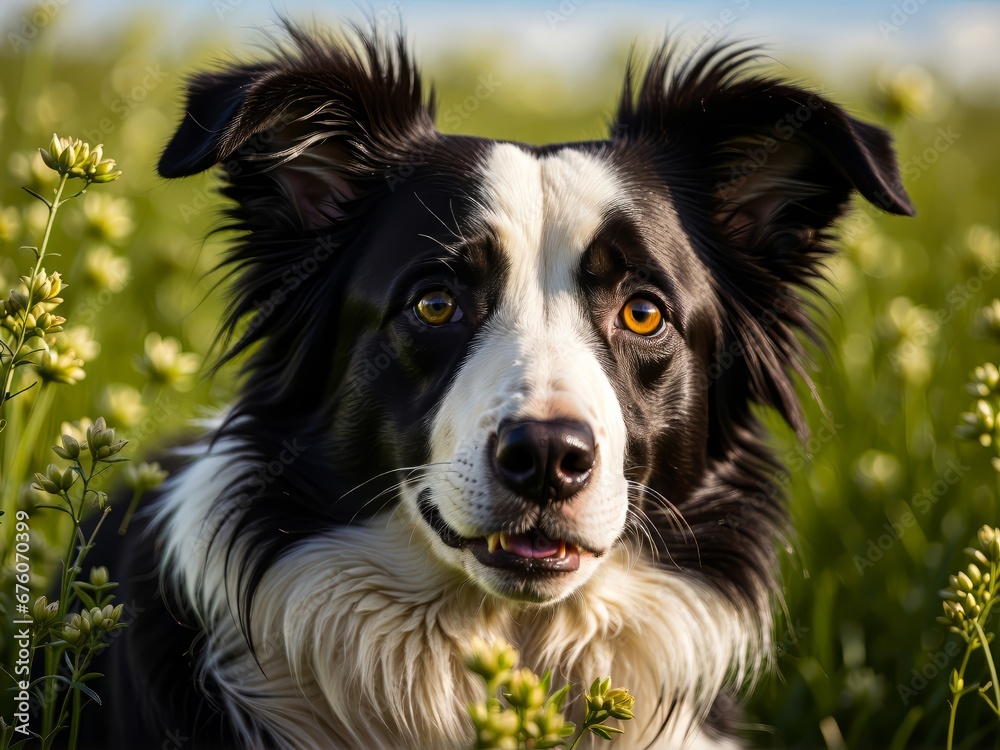 Portrait of a Border Collie Shepherd Dog on a Grassy Field. Man's Best Friend. Portrait of the Dog on the Meadow. Family Dog. Herding Dog