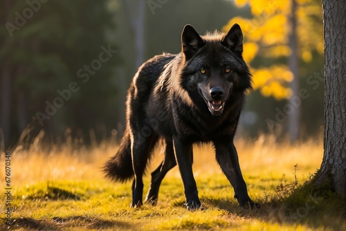 Portrait of the Black Canadian Wolf. Black Wolf in the Wilderness in the Deep Autumn. Canis lupus. Lone Wolf in Deep Forest