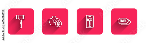Set line Auction hammer, jewelry sale, Online auction and Bid with long shadow. Red square button. Vector