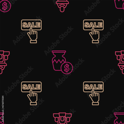 Set line Auction auctioneer sells, Price tag with Sale and ancient vase on seamless pattern. Vector