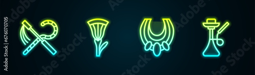 Set line Crook and flail, Egyptian lotus, necklace and Hookah. Glowing neon icon. Vector