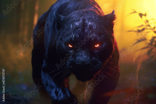 Black panther with glowing eyes running through tropical rainforest