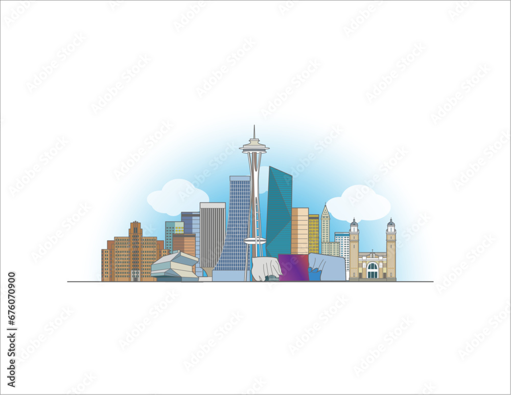 Obraz premium Seattle coloured cityscape line art style vector illustration