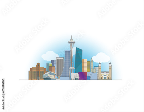 Seattle coloured cityscape line art style vector illustration