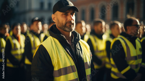 Many security guards with neon yellow vest doing his job on a event.
