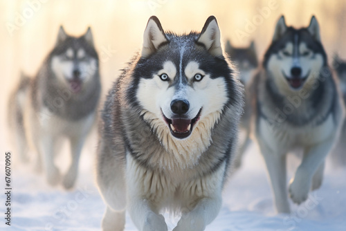 Bunch of huskies running in the snow in winter nature landscape