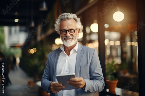 Old man using digital tablet with smiling face, Standing in front of office with shining morning vibes.