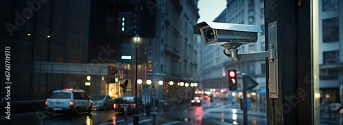 cctv city street security camera surveillance system for motion and face identity detection or recognition sensor, live monitoring and guard recording footage concept as wide banner copy space photo