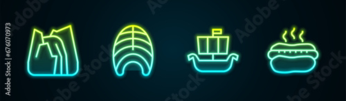 Set line Waterfall, Fish steak, Viking ship Drakkar and Hotdog sandwich. Glowing neon icon. Vector