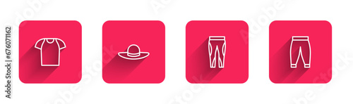 Set line T-shirt, Elegant women hat, Leggings and Pants with long shadow. Red square button. Vector