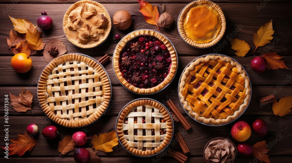 Assorted fall pies flat lay on brown wood plank table Thanksgiving seasonal baking - obrazy, fototapety, plakaty 