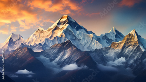 Majestic Mountain Range Bathed in the Glowing Morning Light, Highlighting the Snow-Capped Peaks, Enhanced with Cool Tones to Portray a Crisp and Fresh Aura