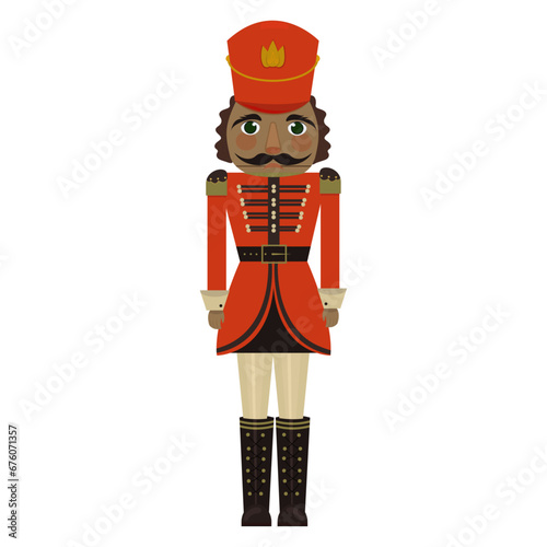 Christmas Nutcracker toy soldier. Red soldier uniform. Antique traditonal figurine doll. Hand drawn vector llustration photo