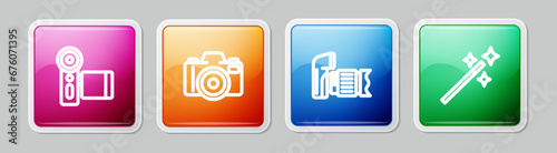 Set line Cinema camera, Photo, and retouching. Colorful square button. Vector