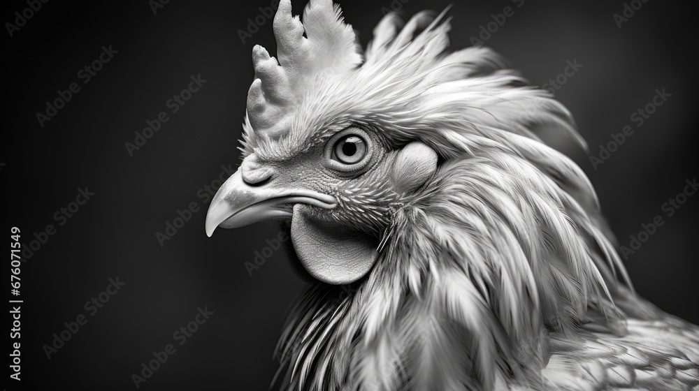 Close-up portrait of a rooster in monochrome style. The domestic bird is looking at something. Illustration for cover, card, postcard, interior design, decor or print.