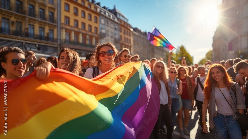 People holding rainbow flag on LGBTQ pride parade. People holding rainbow flag on LGBTQ pride parade.
