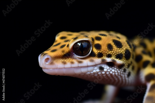 Leopard gecko closeup head on wood with black background 