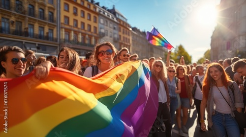 People holding rainbow flag on LGBTQ pride parade.