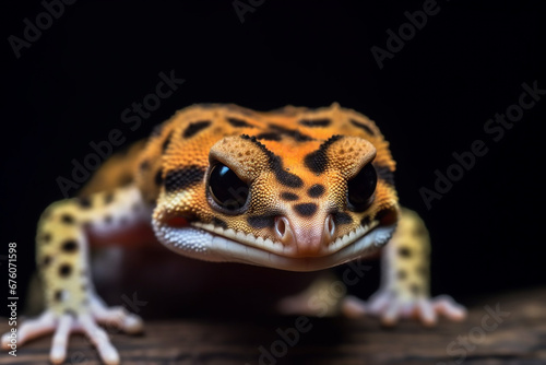 Leopard gecko closeup head on wood with black background  photo